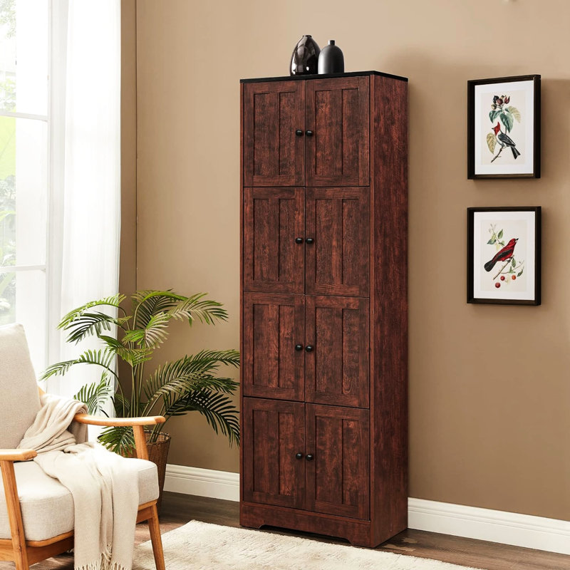 Grande armoire de rangement avec 8 portes et 4 tablettes, armoire de rangement murale pour salon, cuisine, bureau, chambre à coucher, salle de bain, noyer