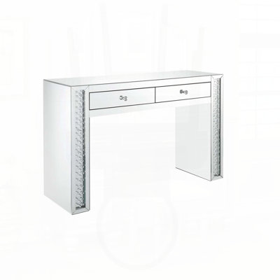 Mirrored Vanity Desk with Faux Crystal Inlay & Stool