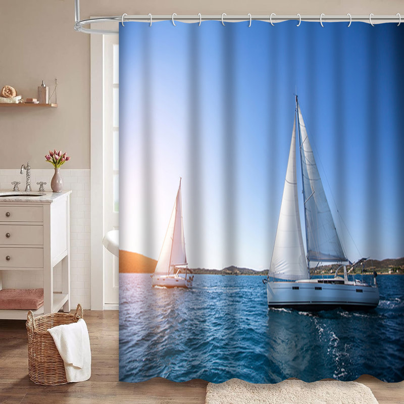 Luxury Sailing Yacht Sunset Waves Sea Shower Curtain with 12 Hooks, L 72 po x l 84 po