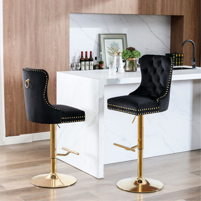 Adjustable Height Bar Stools In Black Velvet - Comfortable For Home Pub And Kitchen   Of 2 With Seat