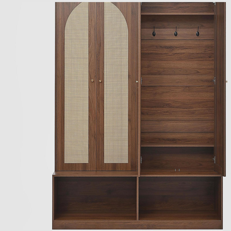 Hall Tree with 4 Rattan Doors, Versatile 4-In-1 Seating Bench with 6 Hooks, Mid-Century Entryway Shoe Cabinet with Adjustable Shelf