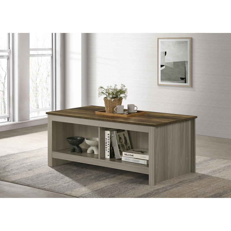 Table basse chic en chêne gris avec deux tablettes ouvertes et plateau de table