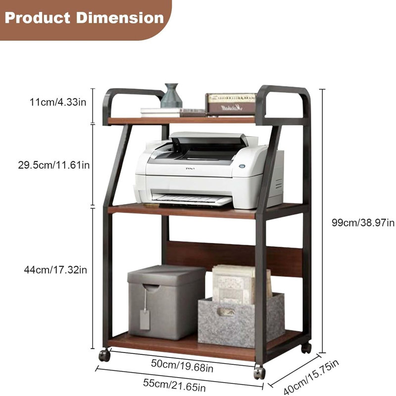 Chariot d'imprimante à 3 niveaux avec roulettes, table d'imprimante portable avec tablettes pour fournitures de bureau