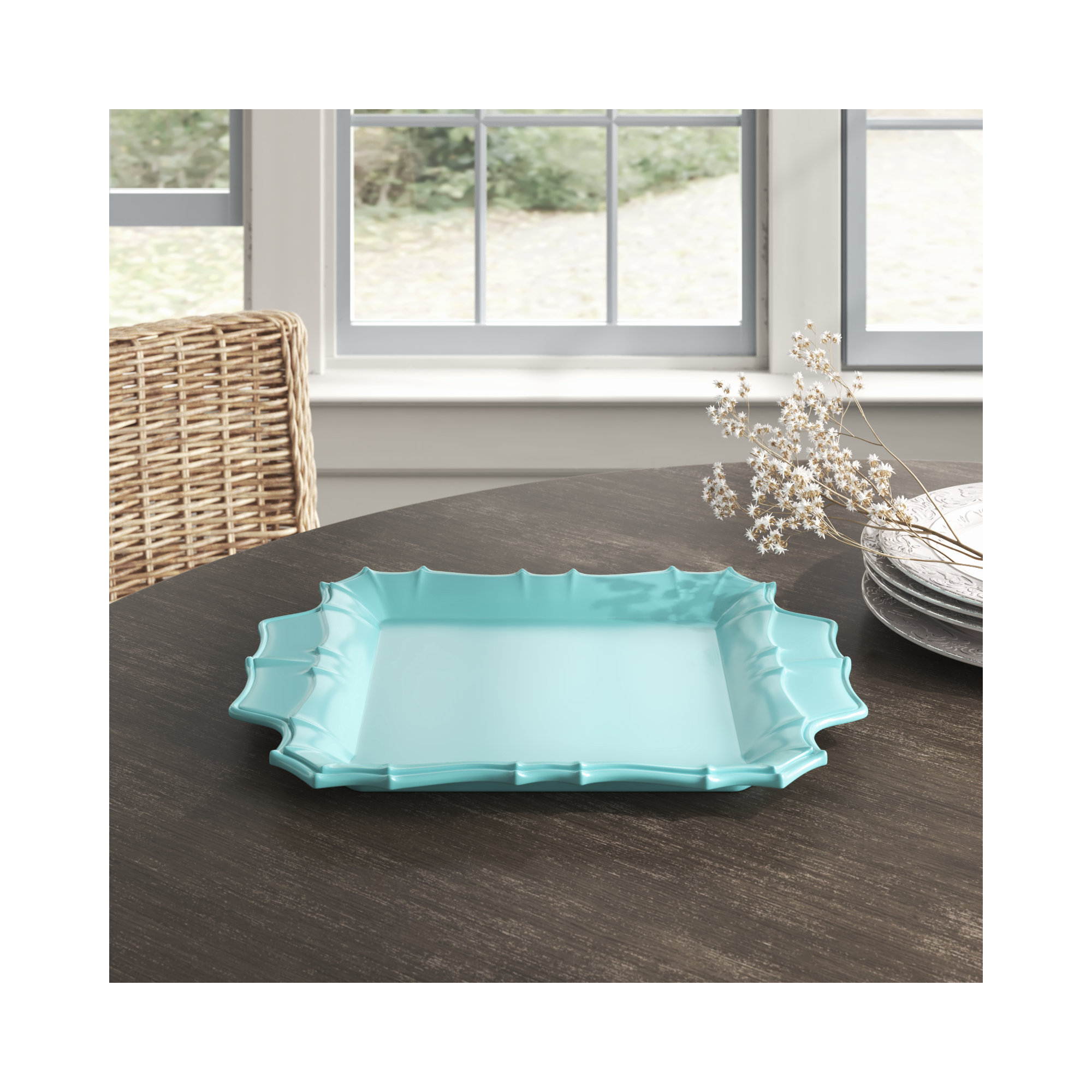 Chloe Square Platter with Handles, Turquoise