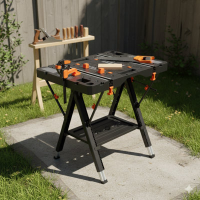 Portable Folding Work Table, 2-In-1 As Sawhorse And Workbench, High Load Capacity, Includes 2 Clamps