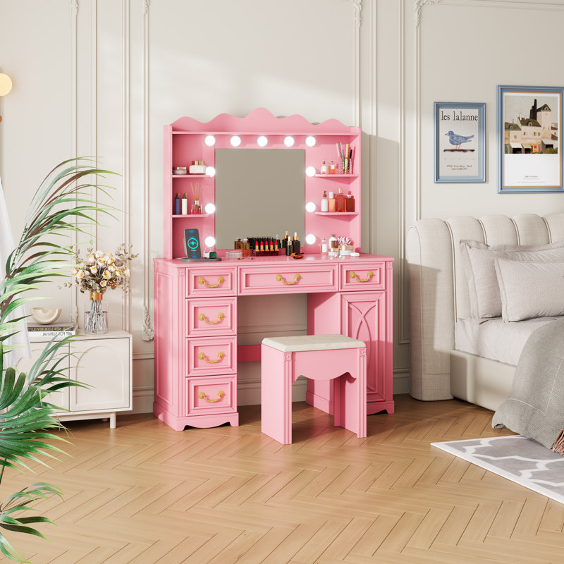 Ensemble coiffeuse en bois manufacturé avec miroir à DEL et prises , Rose