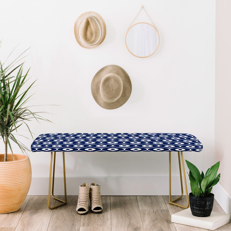 Faux Leather Upholstered Bench, Leena Navy/Gold Aston/Ikat