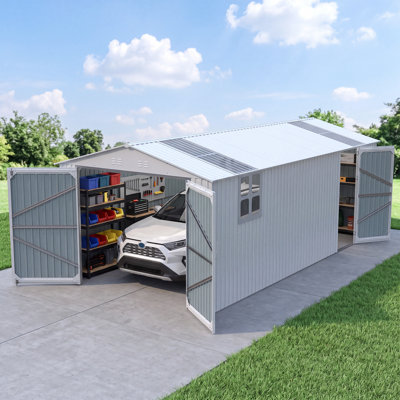 Remise de rangement extérieure 20 x 10 pi, abri de jardin en métal, utilitaire de jardin, 2 portes et 4 évents pour voiture, camion, vélo, blanc