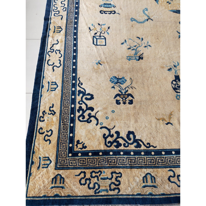 Antique Room Size 1890s Chinese Ivory Rectangle Knotted Wool - Peking Rug