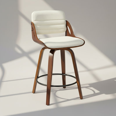 26" Modern Swivel Counter Height Bar Stool with Performance Fabric Upholstery, Curved Back, Bentwood Wood Frame & Black Footrest, Ivory/Walnut – Melissa by Pipp & Liv (Single)