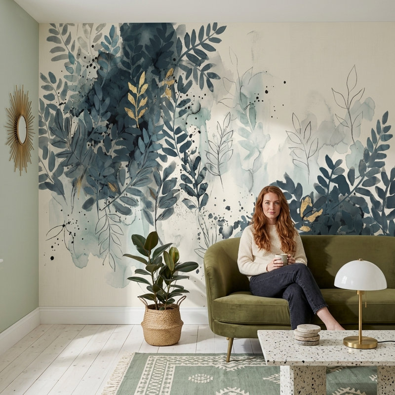 Papier peint botanique, feuilles d'aquarelle, panneau mural feuillage bleu marine, 100 po x 96 po, Peler et coller
