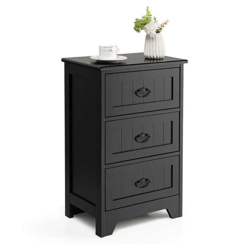 Rockett 3 Modern 3-Drawer Wood Nightstand With Vintage Metal Handles, Black