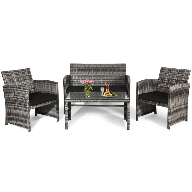 Akshath 4pcs Patio Rattan Furniture Conversation Set With Glass Table Top And Cushions, Black