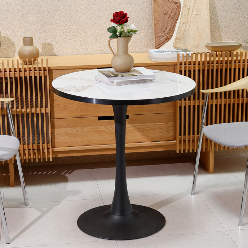 Round Marble Dining Table Mid-century Table With Metal Pedestal Base, Modern Leisure Table For Small Space Kitchen Dining Room, Easy Assembly, Waterproof Design