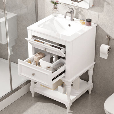 20" Bathroom Vanity with Ceramic Sink | Palace-Inspired Carved Legs, Open Shelf & 2-Drawer Storage (Tip-Out + U-Shaped), Compact Luxury for Small Spaces