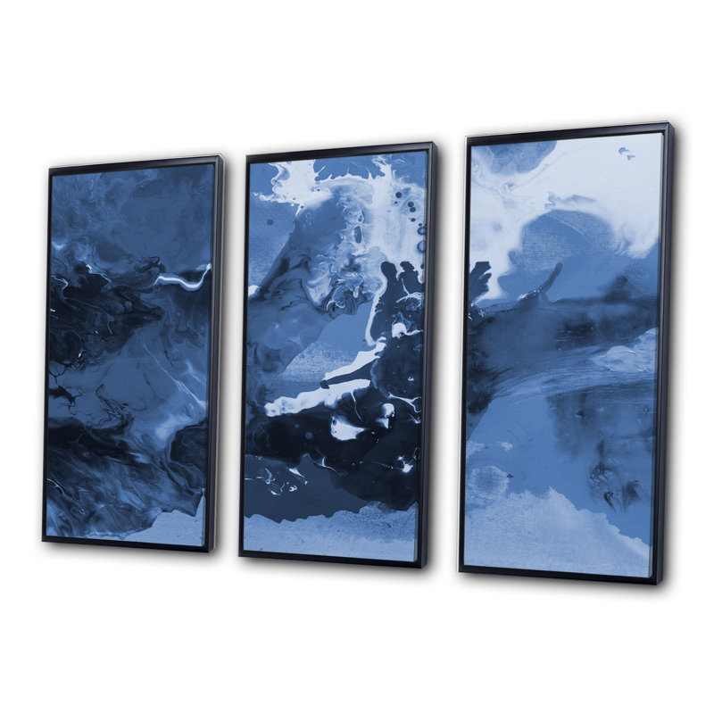 Art liquide dans les tons de bleu foncé I - ensemble d'art moderne sur toile encadrée moderne de 3, Noir