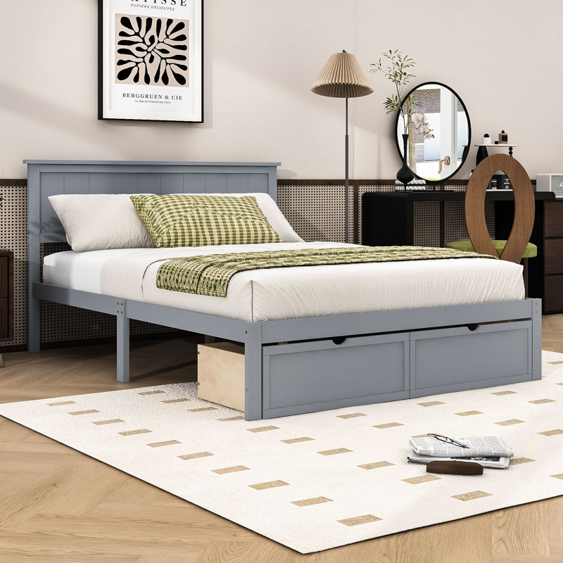 Full Size Platform Bed with Spacious Under-Bed Storage Drawers, Gray
