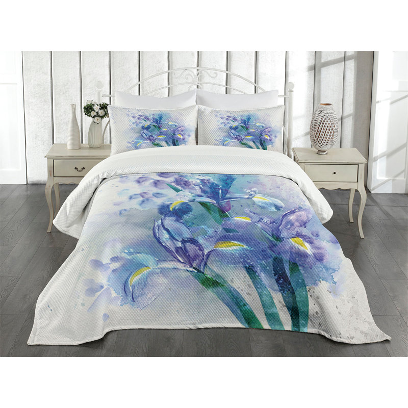 Ambesonne Floral Bedspread Iris Fresh Colors, King Bedspread + 2 Standard Shams