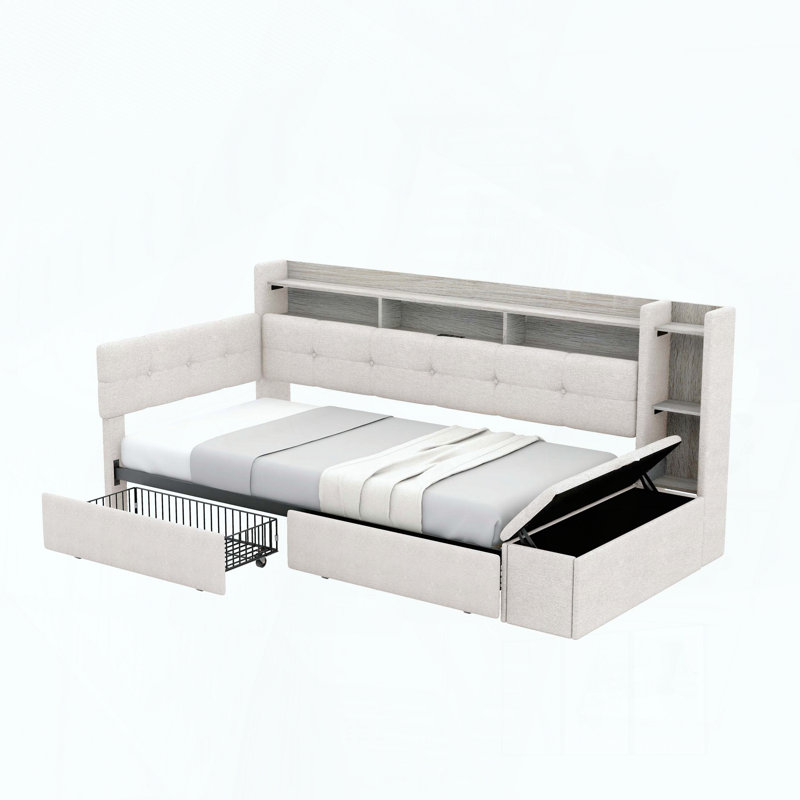 Lit de jour simple rembourré avec rangement et chargement USB, Lit simple, Beige