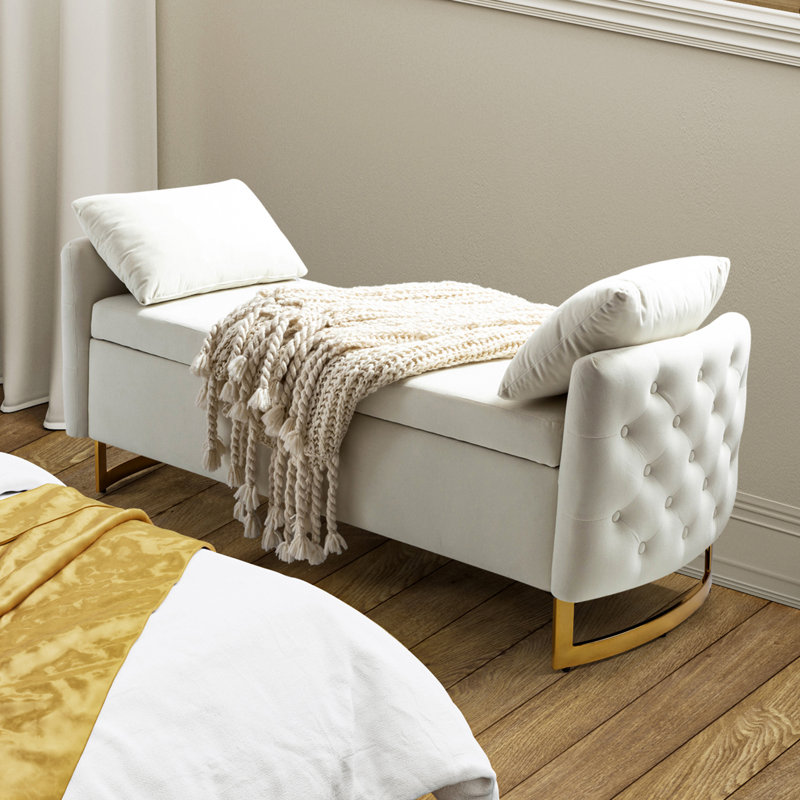 Ageet Modern Velvet Flip Top Storage Bench, Ivory