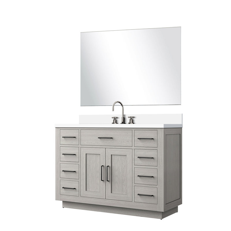 Meuble-lavabo simple en chêne blanc avec comptoir en quartz, 43 miroirs et robinet, D assemblé, miroir, robinet, efficace en usine