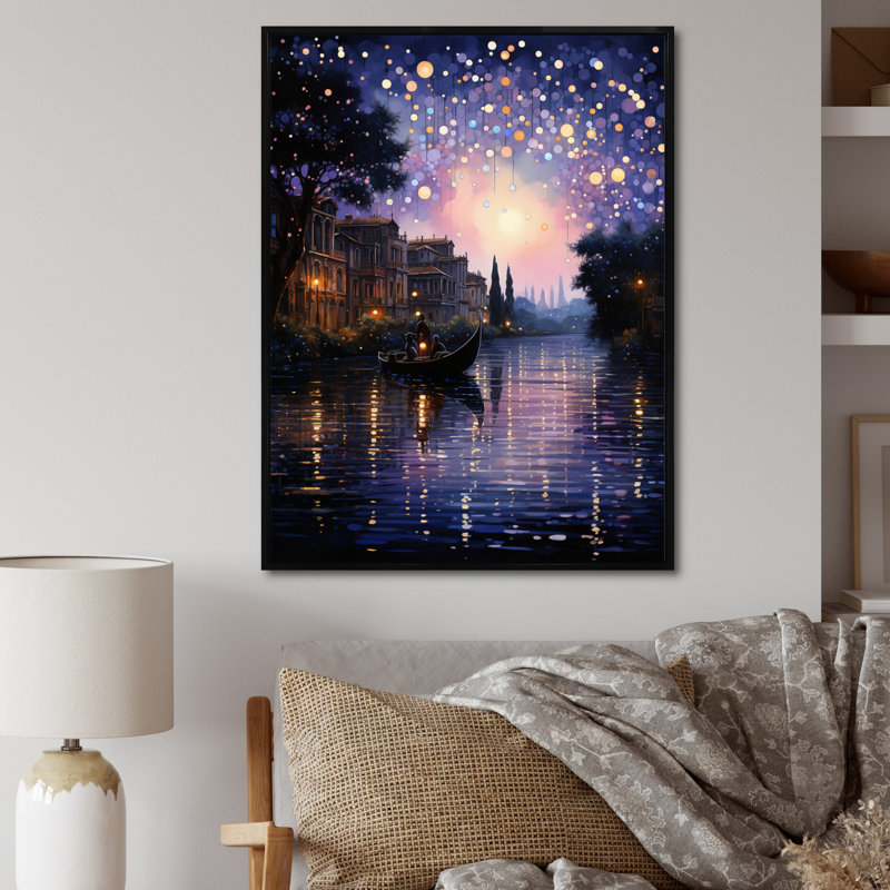 Kazill - canal mauve fantaisiste pointillisme - imprimé, Cadre flottant noir, H 20 po x l 12 po x P 1 po
