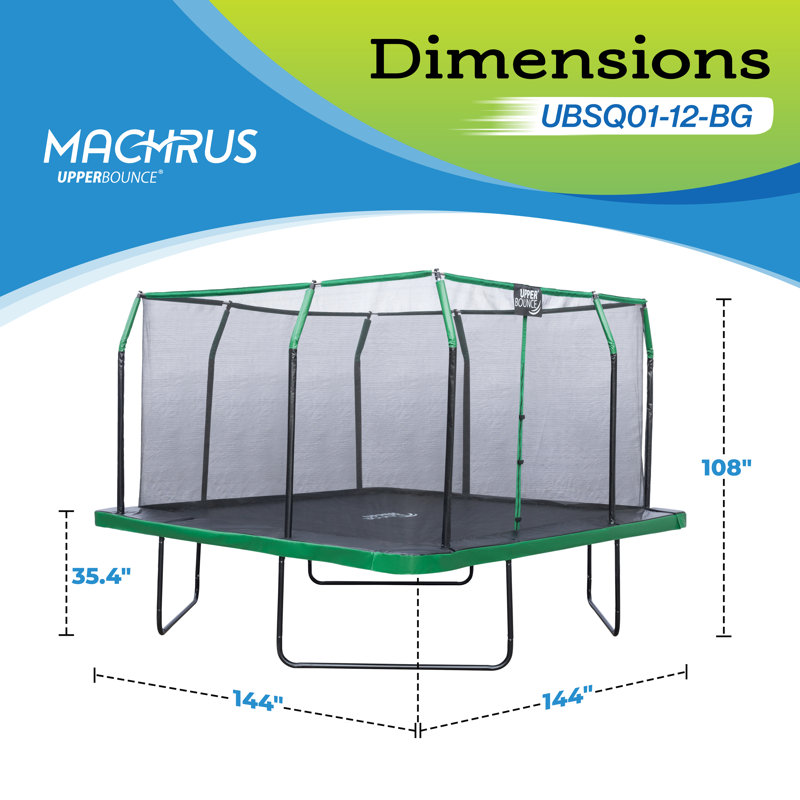 Machrus Upper Bounce 12 x 12 FT Square Trampoline Set with Premium Top-Ring Enclosure and Safety Pad, Black/Green
