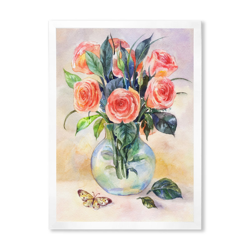 Bouquet rétro de roses roses - peinture sur toile, H 12 po x l 8 po x P 1 po, Cadre photo blanc