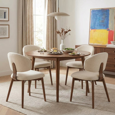 Chaise de salle à manger rembourrée beige de style milieu du siècle, dossier incurvé, revêtement en lin et pieds en bois massif naturel, ensemble de 4