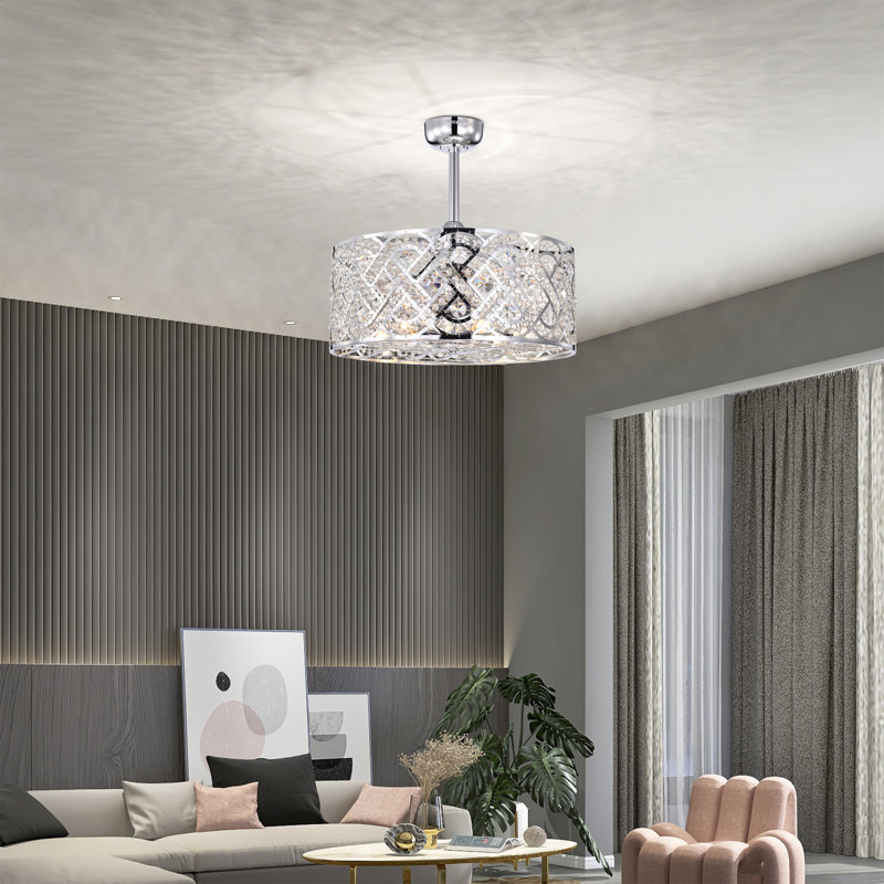 24 Inch Chrome Finish Modern Glame Style Crystal Ceiling Lighted Ceiling Fan With Remote