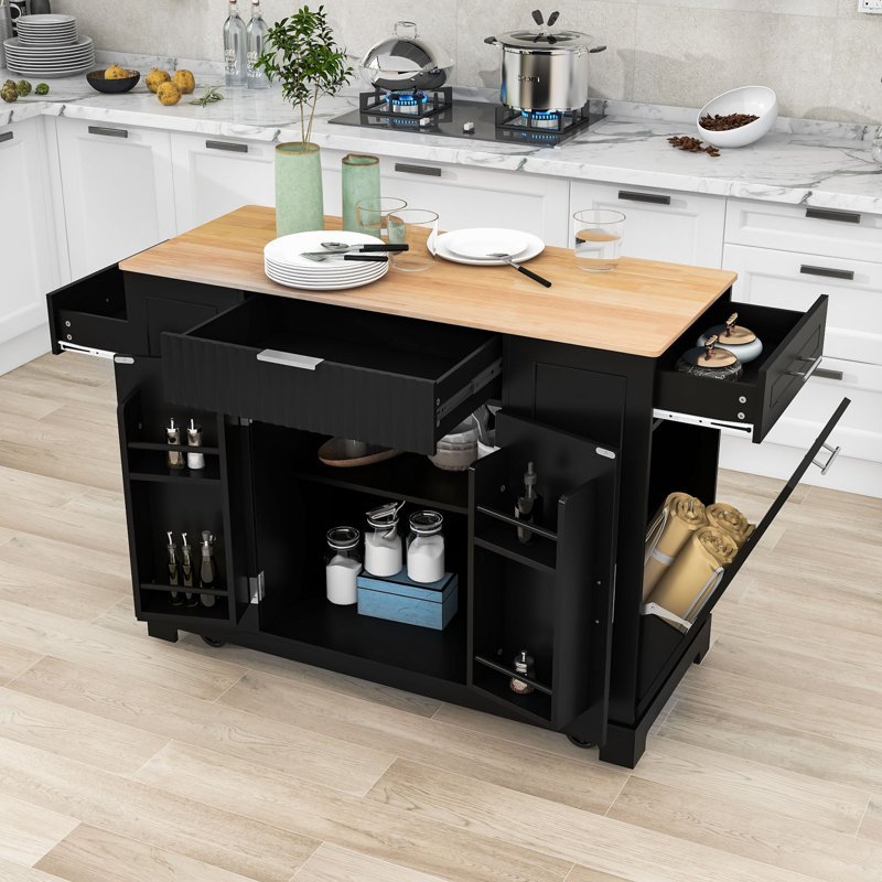 Rolling Kitchen Island Cart with Built-in Power Outlet, Storage Cabient and Trash Can, Black