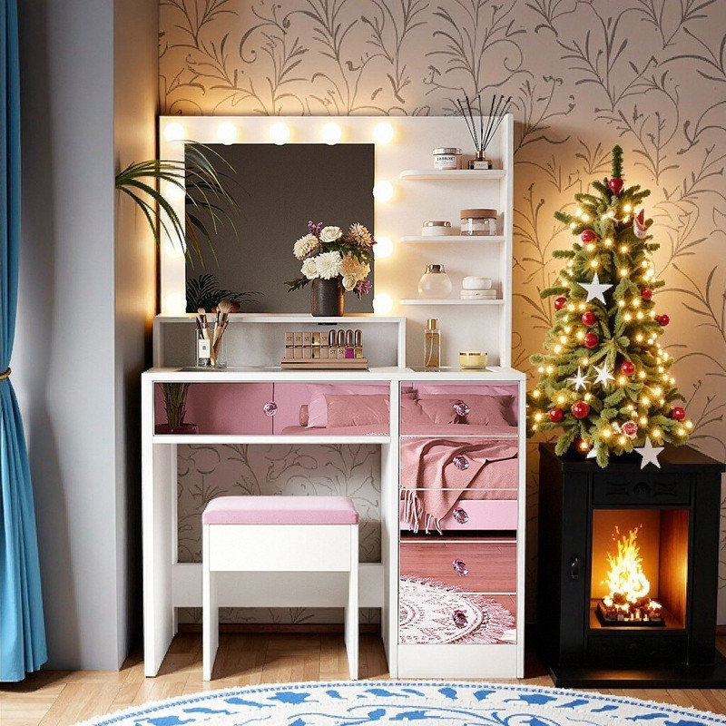 Bureau de meuble-lavabo lumineux avec miroir en verre à 9 ampoules, 6 tiroirs, tablettes et tabouret en velours, capacité de 88 lb