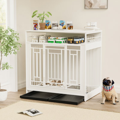 Meuble pour chien de 43,3 pouces pour chiens de grande taille, cage pour chien en bois avec cloison, chenil à double porte avec trois tiroirs de rangement, niche pour chien robuste pour grands chiens de taille moyenne