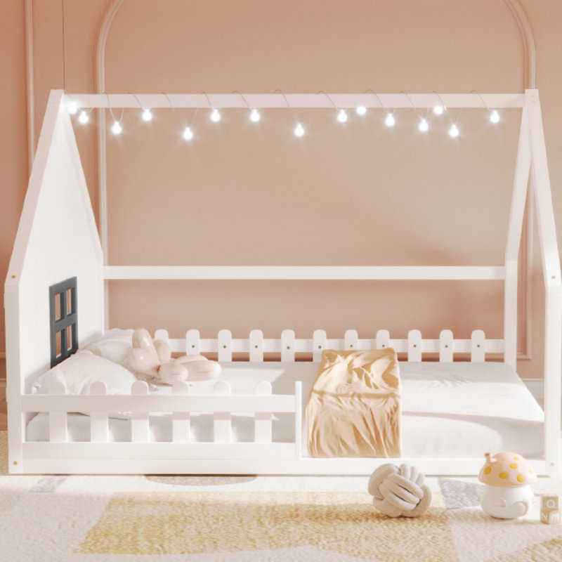 Full Size Wood House Bed With Window And Fence, Bed Frame, White