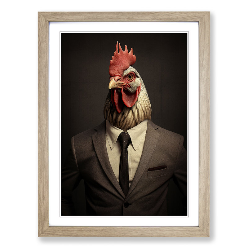 Chicken Minimalism No.2 - Single Picture Frame Print on Wood, 64cm H x 46cm W x 2cm D, Oak Framed