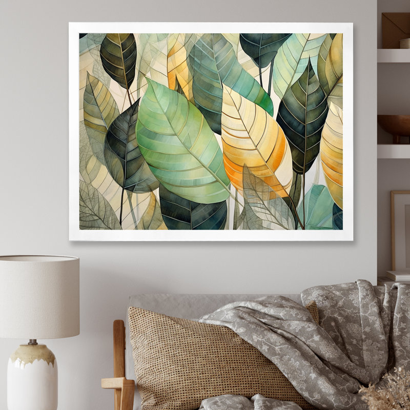 Feuilles vertes et jaunes tranquillité sur toile, Cadre simple blanc, H 24 po x l 32 po x P 1 po