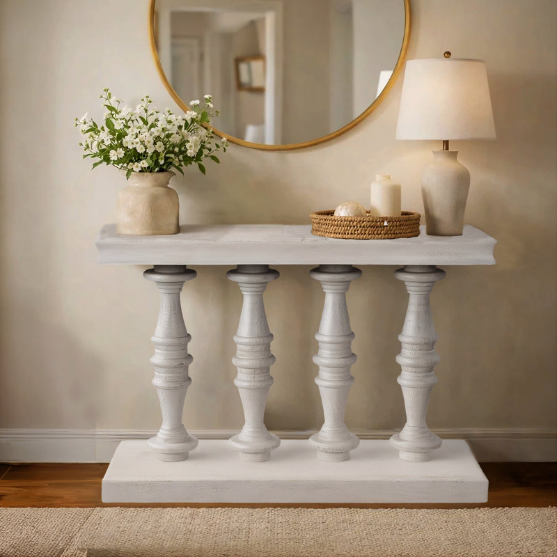Console Table, 42-Inch Mango Wood Top, Shabby Chic Finish, Turned Pillar Legs