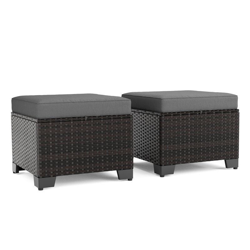 21.5"W Outdoor Wicker Ottomans With Cushions, Set Of 2 Patio Footrests With Adjustable Feet, Gray