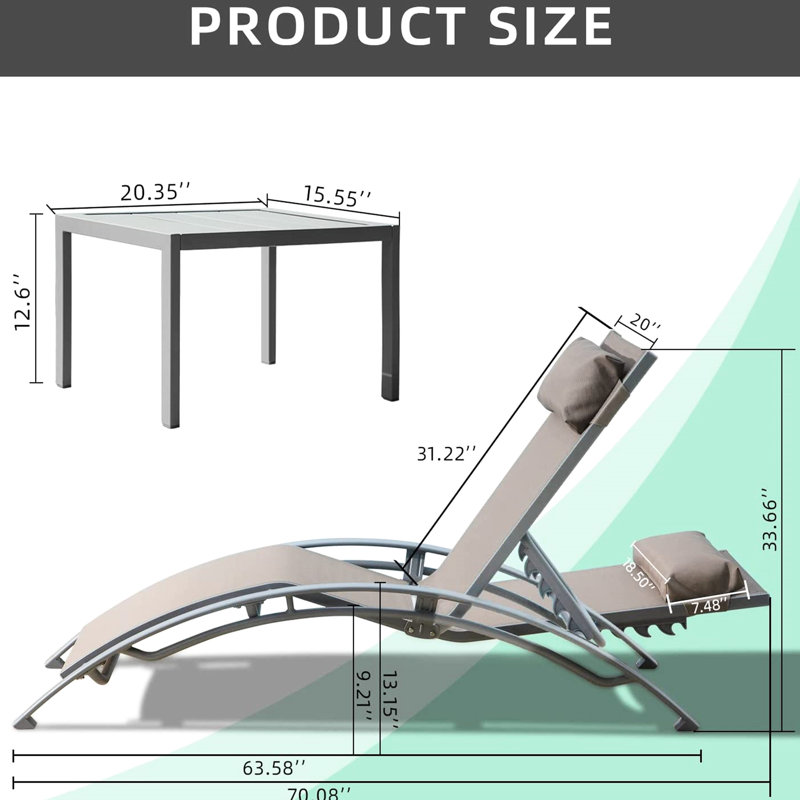 3 Pool Lounge Chair - Adjustable Rustproof Aluminum Outdoor Chaises With Side Table For Lawn Deck Poolside Backyard 5 Positions, , Khaki Tone Chaise Chairs Fabric And Metal Area