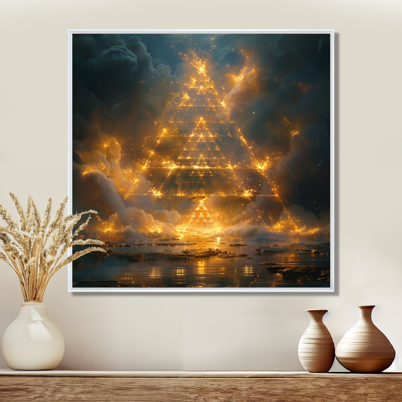 Célébrité géométrique, ancien futur II - paysage abstrait, art mural, H 16 po x l 16 po, Cadre flottant blanc
