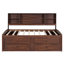 Lit double pleine grandeur avec tablettes de rangement, 4 tiroirs et 2 armoires, structure en pin massif brun antique