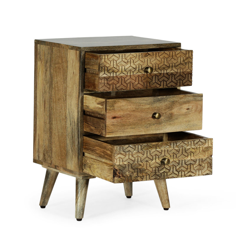 Superbe table de chevet en bois de manguier avec 3 rangements géométriques