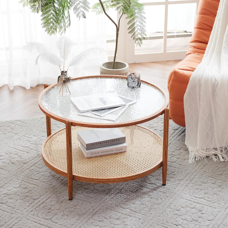 Table ronde 30,71 po à double couche ronde en verre ondulé et en rotin PE assortie à une table basse avec cadre en fer à grain de bois à transfert de chaleur