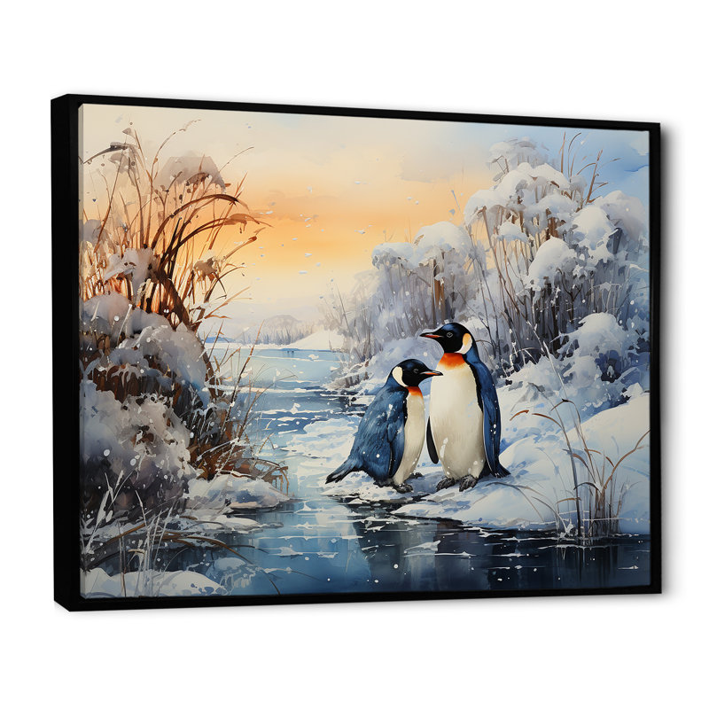 Penguins Winter Symphony sur toile, Cadre flottant noir, H 24 po x l 32 po x P 1 po