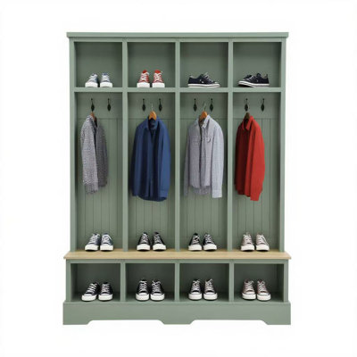 Arbre d'entrée de 59 po de largeur avec 8 crochets, banc de vestibule pratique avec compartiments ouverts, porte-manteau et porte-chaussures moderne en bois 3 en 1 de H 76,7 po de style vestibule, salon, vert