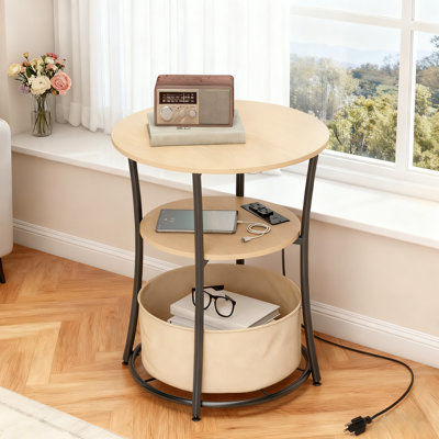 Chimme Round Side Table with Charging Station And Fabric Storage