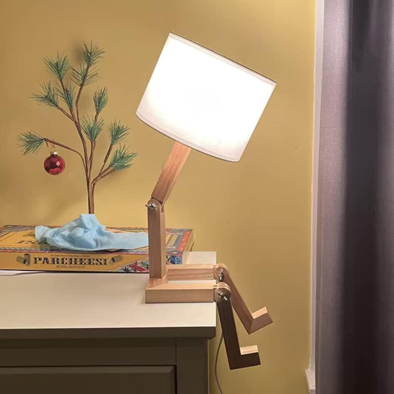 Lampe de chevet robot avec abat-jour en tissu et lampe en bois massif