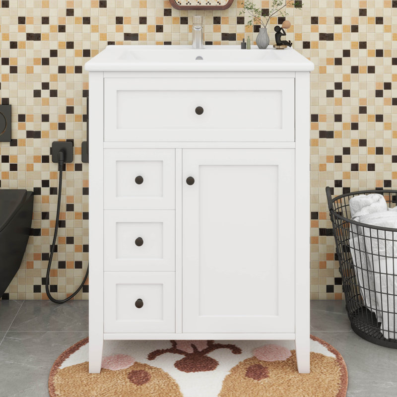 Meuble-lavabo 24 po avec lavabo, 1 tiroir rabattable et 2 tiroirs, tablette réglable, White