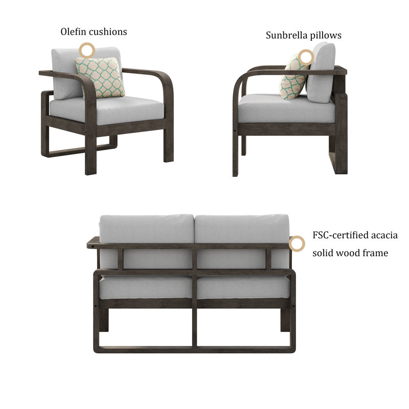 Light Brown Solid Wood 4-Person Outdoor Seating Set with Gray Cushions