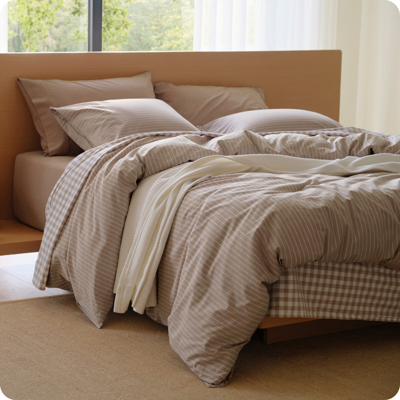 Ensemble de housse de couette à rayures 100% coton lavé, avec tissage réversible teint en fil et artisanat double point, 3 pièces avec fermeture à glissière